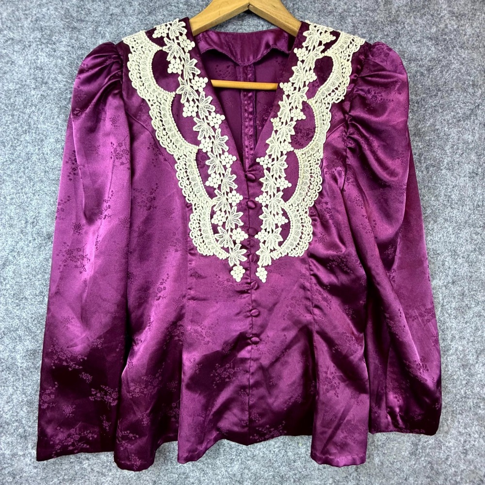 Vintage Blouse Top Womens S Purple Luxe Grandma Glam Office Siren Crochet Lace